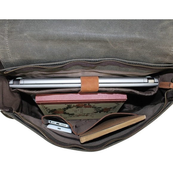 15.5" Large Wax Canvas Laptop Bag Waxed Canvas Messenger Bag Unisex Bag C31LW-CB - Picture 3 of 5